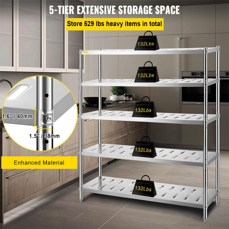 VEVOR 5 līmeņu nerūsējošā tērauda uzglabāšanas plaukts, 150 x 45 x 180 cm, 300 kg slodze, regulējams augstums, ventilācijas atveres