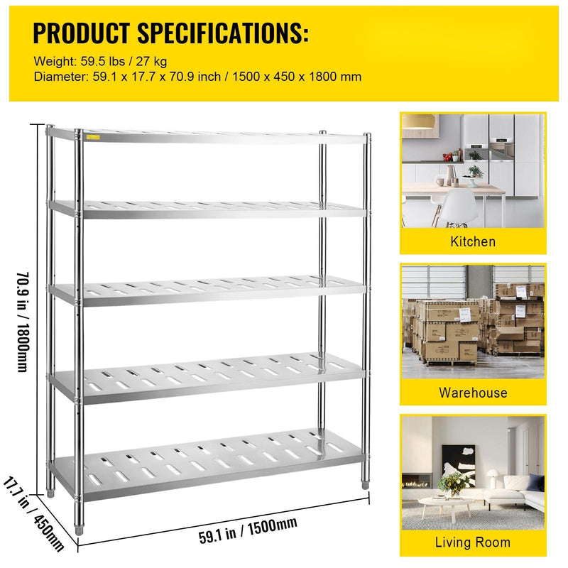 VEVOR 5 līmeņu nerūsējošā tērauda uzglabāšanas plaukts, 150 x 45 x 180 cm, 300 kg slodze, regulējams augstums, ventilācijas atveres