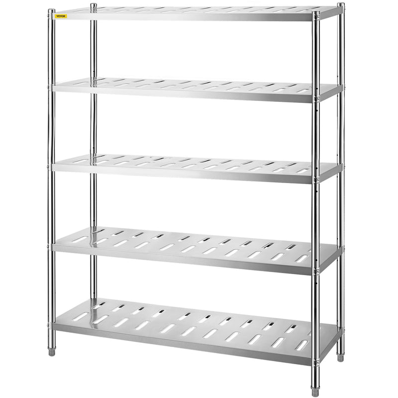 VEVOR 5 līmeņu nerūsējošā tērauda uzglabāšanas plaukts, 150 x 45 x 180 cm, 300 kg slodze, regulējams augstums, ventilācijas atveres