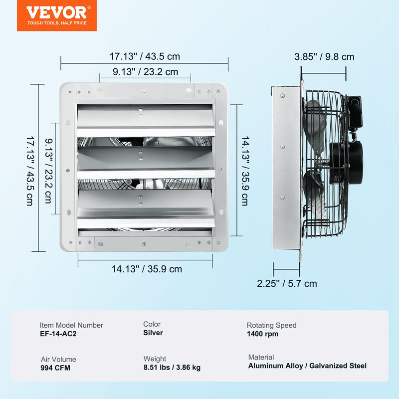 VEVOR žalūziju izplūdes ventilaatorid, sienas montāžas, 356 mm, 1690 m³/h, AC mootorid