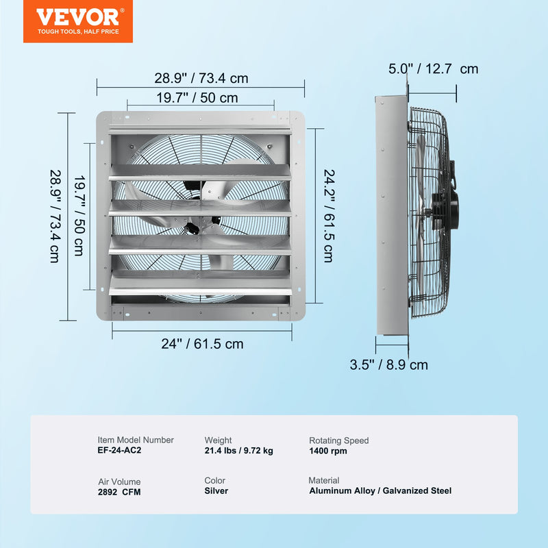 VEVOR žalūziju izplūdes ventilaatorid, sienas montāžas, 610 mm, 4919 m³/h, vahelduvvoolumootorid