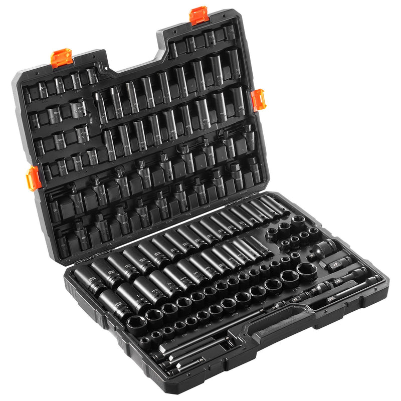 VEVOR trieciens uzgriežņu atslēgu komplekts 130 gab., 6-kantes, 9,53 mm un 12,7 mm, ar uzgaļiem, sprūdrata atslēgu un instrumentu komplektu
