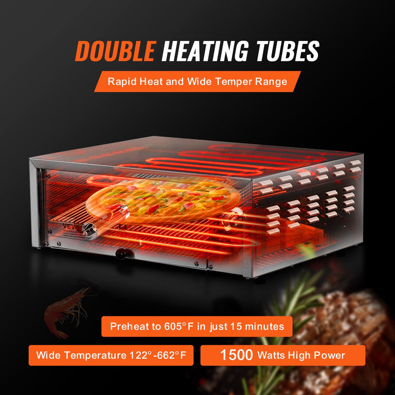 VEVOR elektriskā picas krāsns 30,4 cm, 1500W, temperatūras diapazons 50–350°C, noņemams drupatu paliktnis