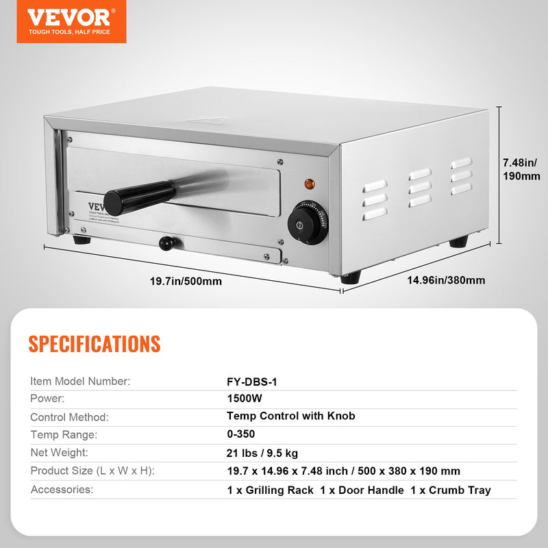 VEVOR elektriskā picas krāsns 30,4 cm, 1500W, temperatūras diapazons 50–350°C, noņemams drupatu paliktnis