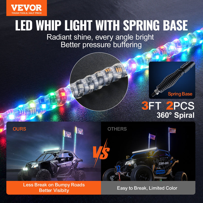 VEVOR LED spirālveida antenas gaismas ar atsperu pamatni, 2 gab., 0,9 m, RGB, ar tālvadību un lietot