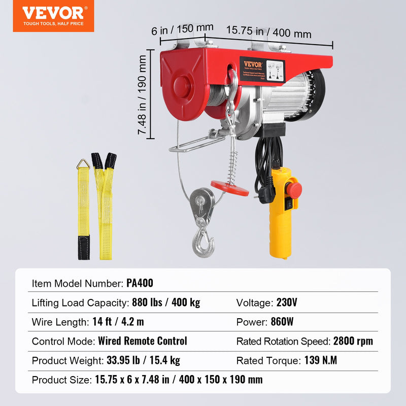 VEVOR elektriskais pacēlājs, vinča 400 kg ar 4,3 m vadu tālvadību, 230 V