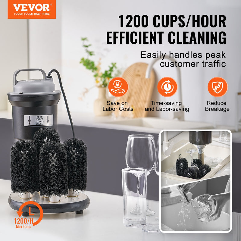 VEVOR elektriskais glāžu mazgātājs ar 5 birstēm, 1200 glāzes/stundā