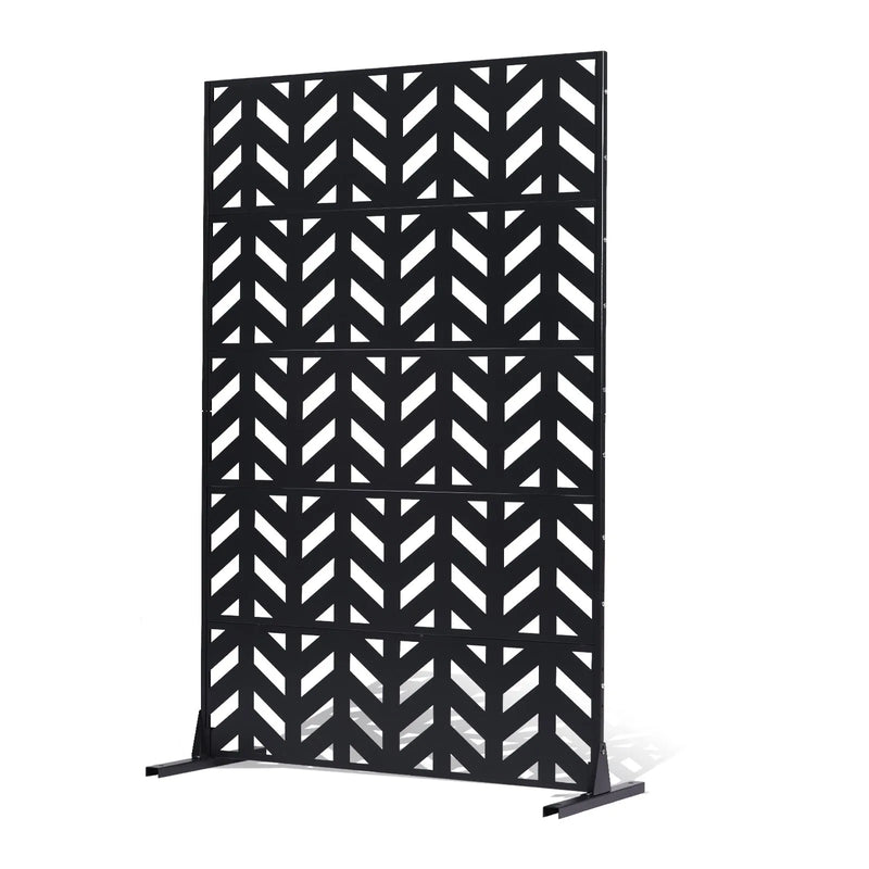 Metāla privātuma ekrāns, 120 × 183 cm, āra 5 paneļu brīvi stāvošs dekoratīvs tērauda žogs ar statīvu balkonam, terasei, istabas vai dārza nodalīšanai, melns