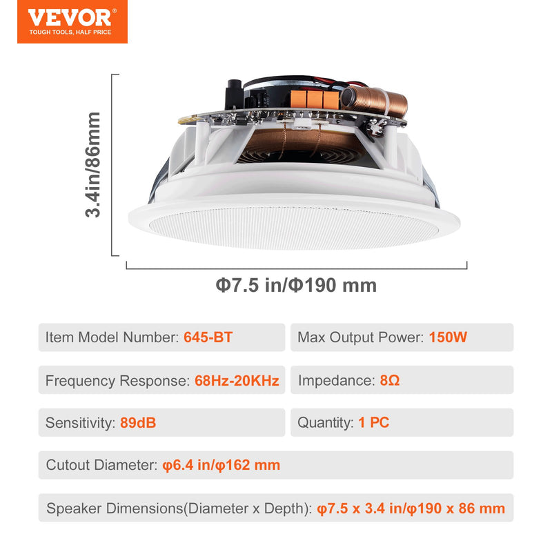 VEVOR 16,5 cm Bluetooth griestu skaļruņi, 150 W, iebūvējami griestos vai sienā