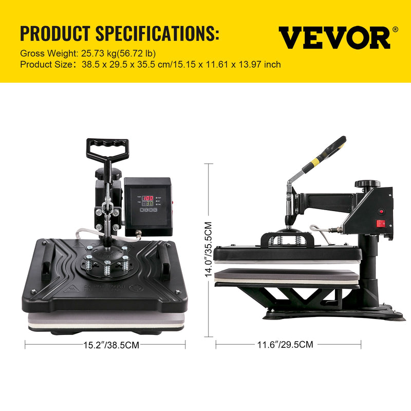 VEVOR 6-in-1 termoprese 38x30 cm | T-kreklu, krūžu, cepuru un šķīvju sublimācijas drukas iekārta