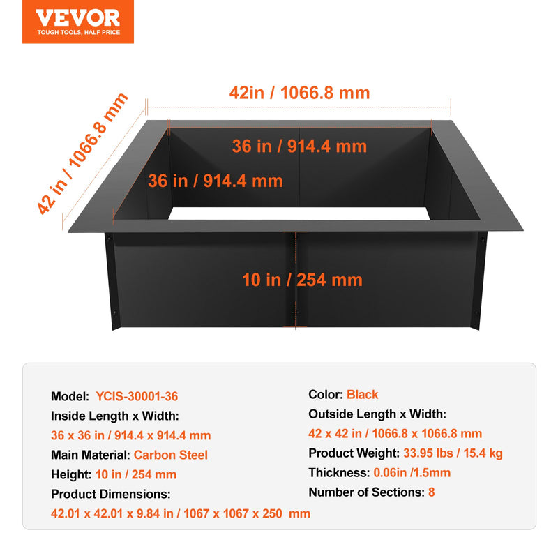 VEVOR kvadrātveida ugunskura gredzens - 106 × 106 см ārējais tērauda DIY ugunskura ieliktnis