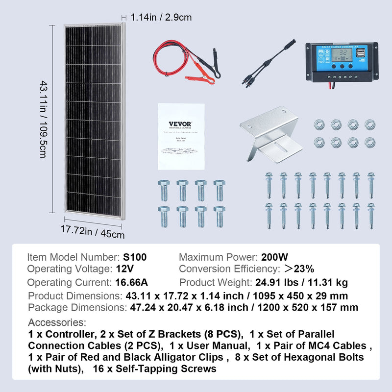 VEVOR 200W 12V монокристаллическая панель в комплекте, 2 шт. ар ладетая контролери