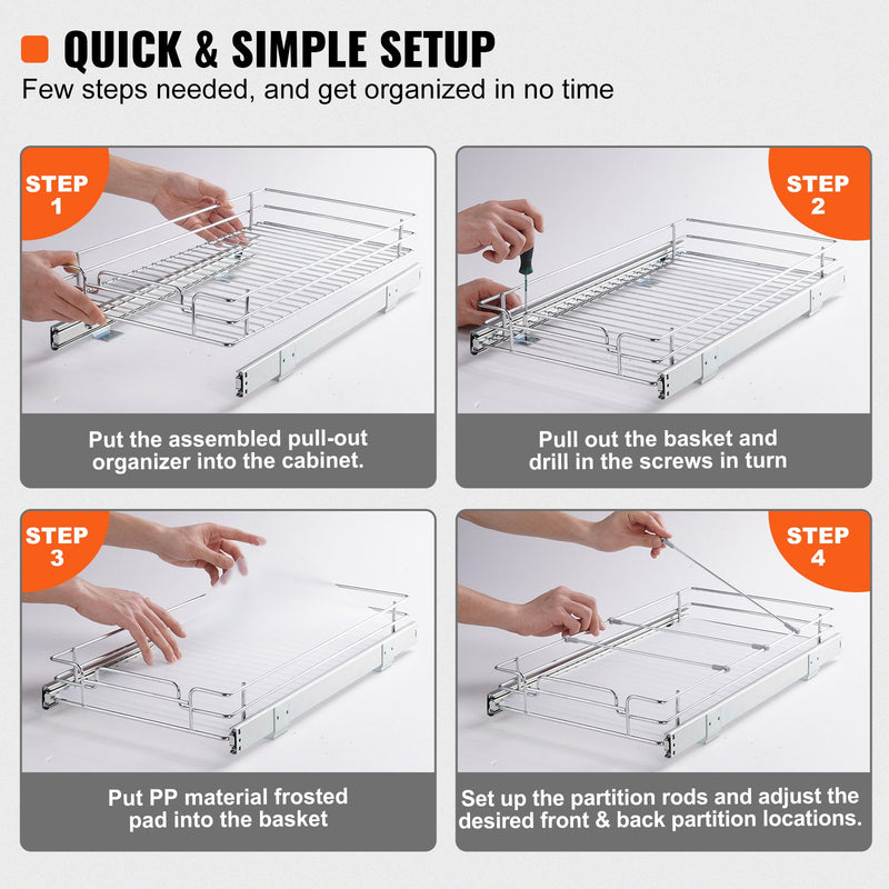 VEVOR 28 cm x 53 cm Ievilkšanas Skapja Organizators, Smagās Klases Hroma Tērauda Slīdošās Atvilktnes, Uzglabāšanai Virtuvē, Vannasistabā, Zem Izlietnes