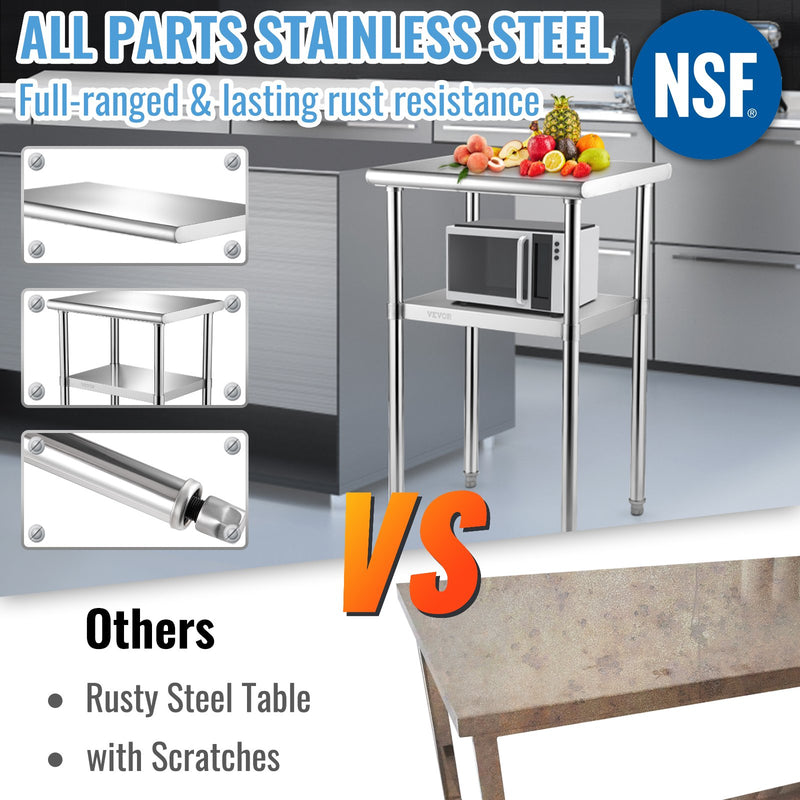 VEVOR nerūsējošā tērauda darba galds, 610 x 457 x 914 mm, 272 kg slodze, ar regulējamu plauktu un kājām