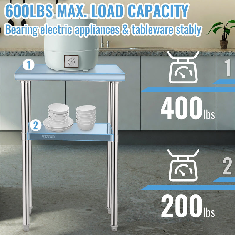 VEVOR nerūsējošā tērauda darba galds, 610 x 457 x 914 mm, 272 kg slodze, ar regulējamu plauktu un kājām