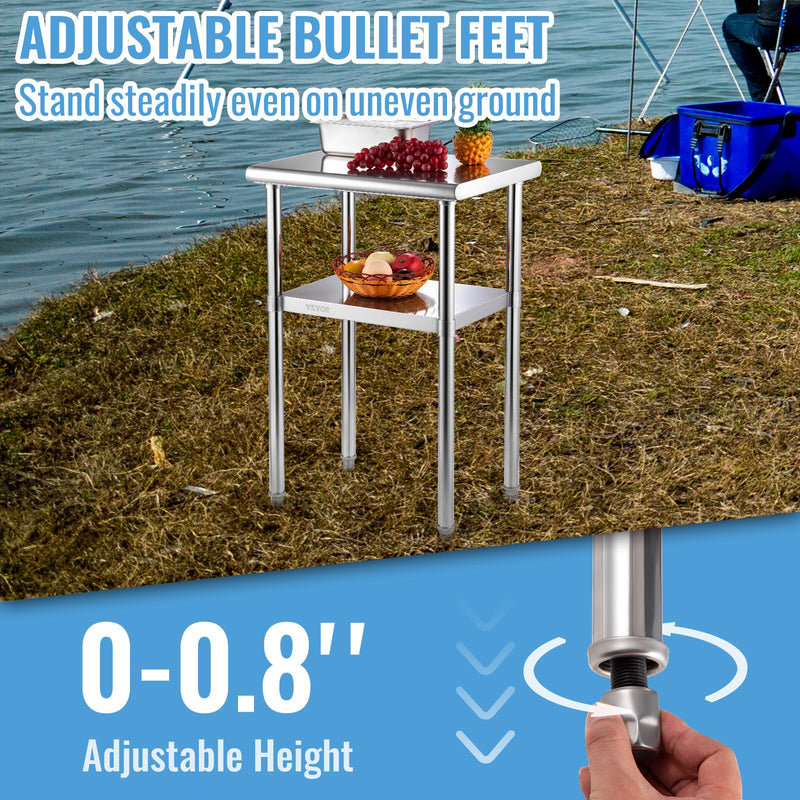 VEVOR nerūsējošā tērauda darba galds, 610 x 457 x 914 mm, 272 kg slodze, ar regulējamu plauktu un kājām