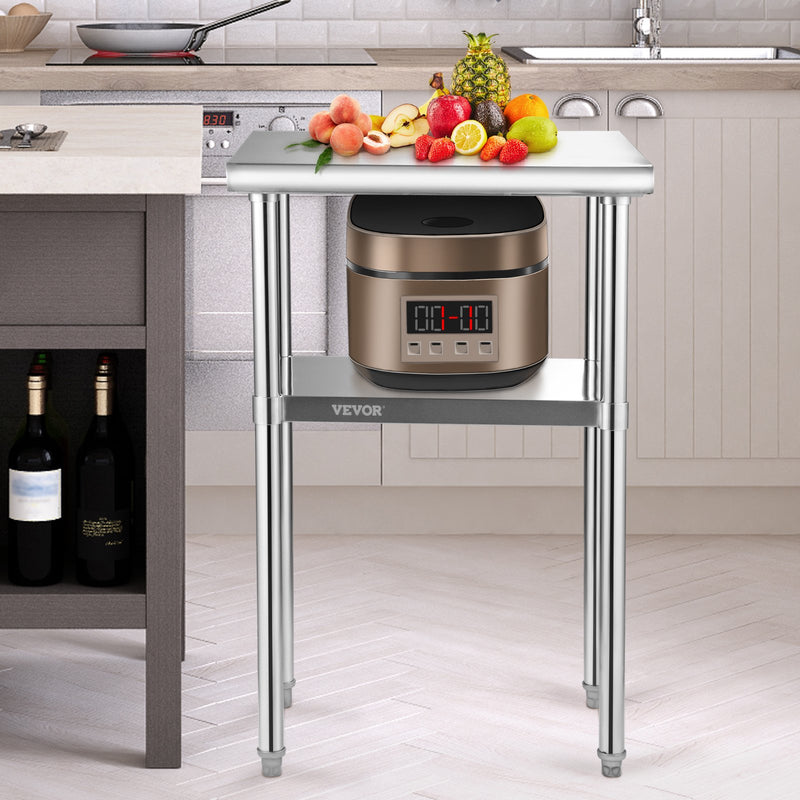 VEVOR nerūsējošā tērauda darba galds, 610 x 457 x 914 mm, 272 kg slodze, ar regulējamu plauktu un kājām