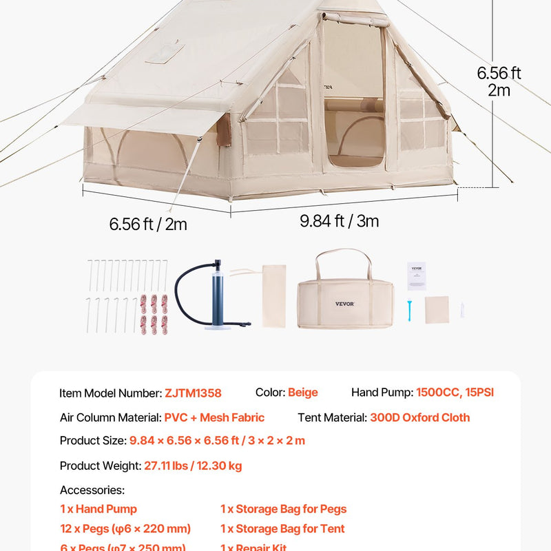 VEVOR piepūšamā telts kempingam 3–5 personām, glampinga telts ar pumpi, viegli uzstādāma
