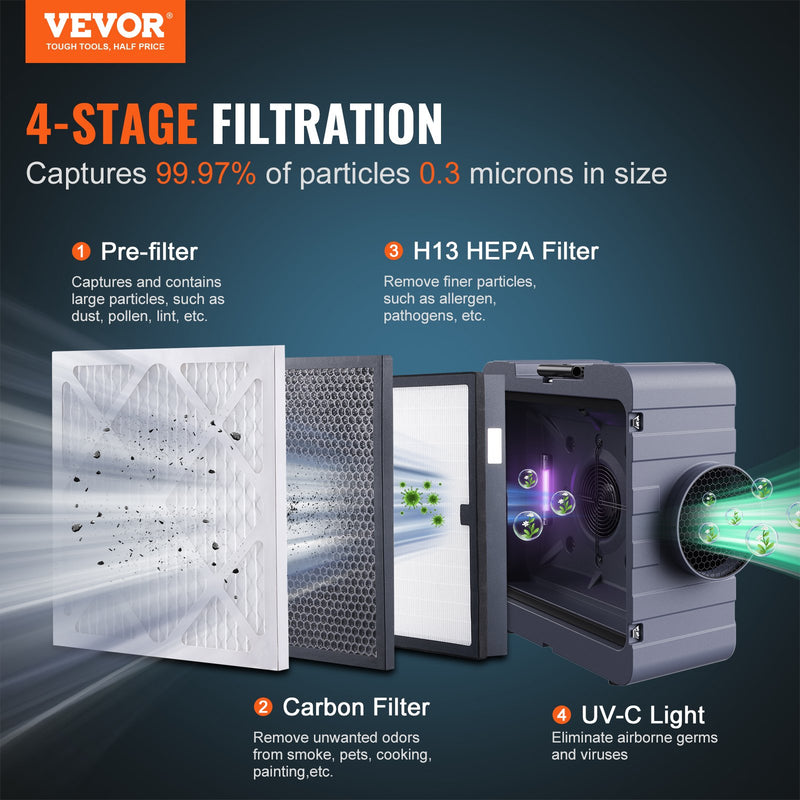 VEVOR 3-posmu gaisa attīrītājs ar 800 CFM
