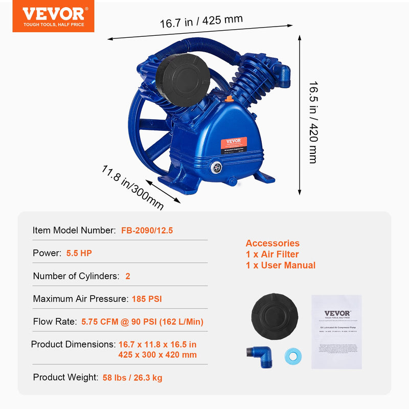 VEVOR gaisa kompresora sūkņa galva 5,5 HP, 5,75 CFM @ 90 PSI, 2 cilindru virzuļa sūknis
