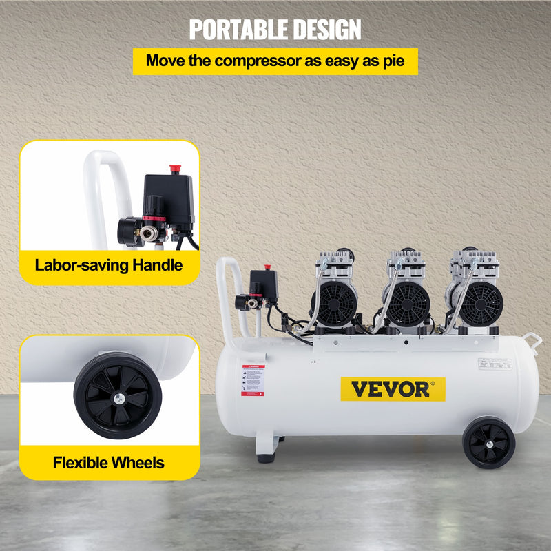 VEVOR gaisa kompresors 80 L, īpaši kluss, bez eļļļas, 2,2 kW, zema trokšņa līmeņa, droša solenoīda vārsta aizsardzība