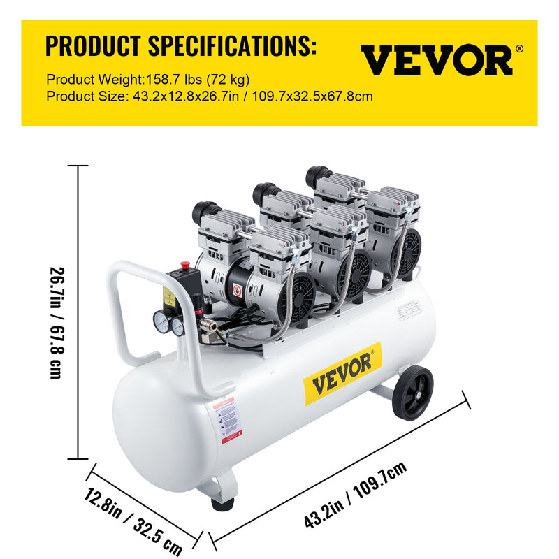 VEVOR gaisa kompresors 80 L, īpaši kluss, bez eļļļas, 2,2 kW, zema trokšņa līmeņa, droša solenoīda vārsta aizsardzība