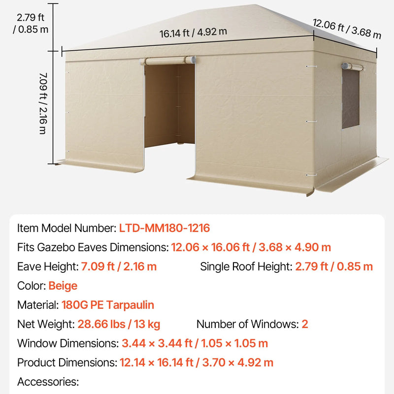 Ziemas paviljona pārsegs, piemērots 3,68 × 4,90 m cietā jumta paviljoniem, ar sienām un logiem, augstas blīvuma PE materiāls
