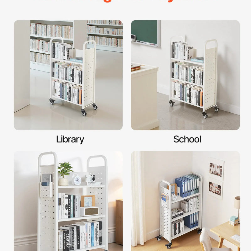 Ripojošs bibliotēkas grāmatu ratiņš, 150 kg kravnesība, 77 × 38 × 122 cm, ar vienpusējiem L veida plauktiem un 76,2 mm fiksējamiem riteņiem, grāmatu ratiņš mājai, birojam un skolai, balts
