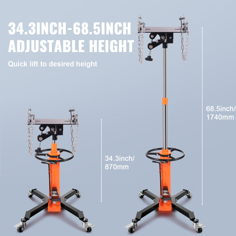 VEVOR hidrauliskais transmisijas pacēlājs, 600 kg teleskopiskais, 81-170 cm pacelšanas diapazons, grīdas pacēlājs ar kāju pedāli un 360° rotējošiem riteņiem.