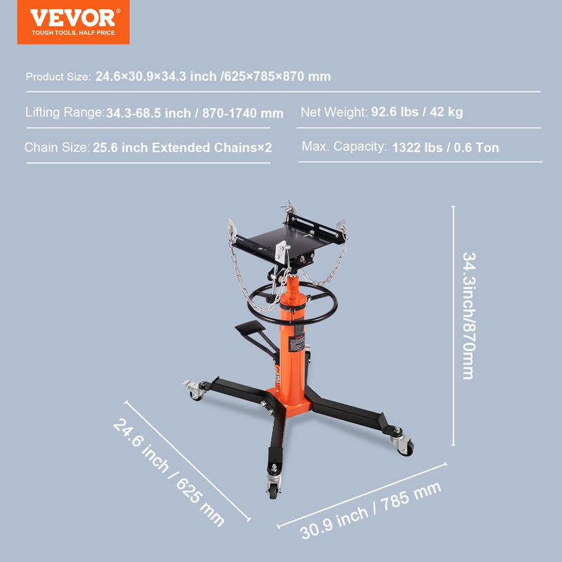 VEVOR hidrauliskais transmisijas pacēlājs, 600 kg teleskopiskais, 81-170 cm pacelšanas diapazons, grīdas pacēlājs ar kāju pedāli un 360° rotējošiem riteņiem.