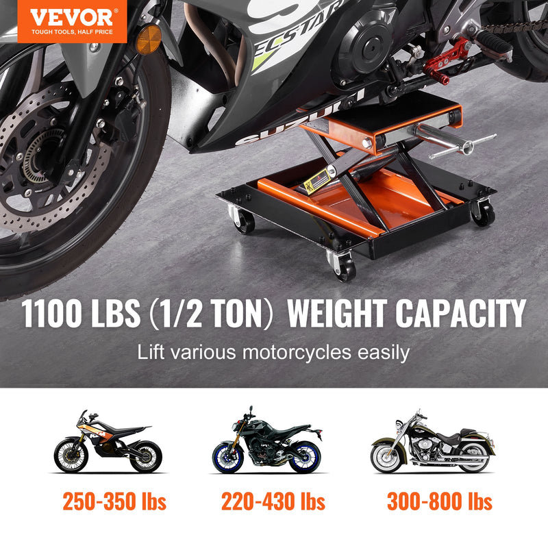 VEVOR motocikla/ATV šķērveida pacēlājs ar platformu un rokturi, 500 kg celtspēja, plata virsma un kloķa mehānisms