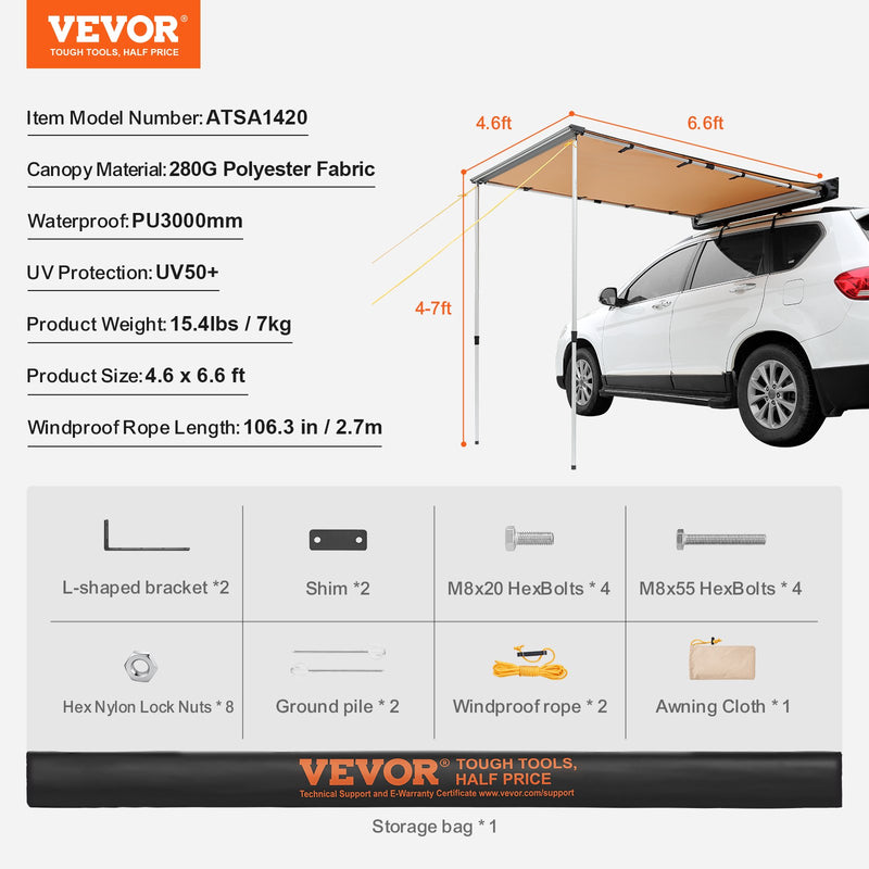 VEVOR automašinas sānu nojume, Liela 1,4 x 2,0 м saules aizsardzībai, udensizturīga