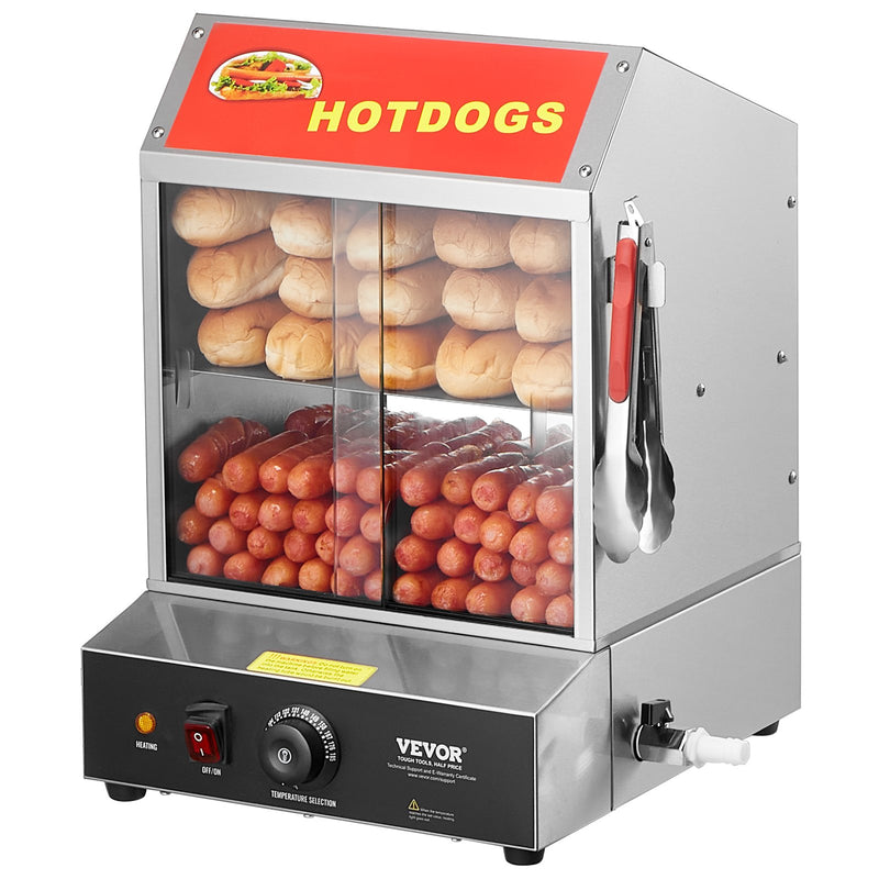 VEVOR Komerciālais Hotdogu Tvaicētājs - 2 līmeņu elektriska maizīšu sildītava, 27L, bīdāmās durvis