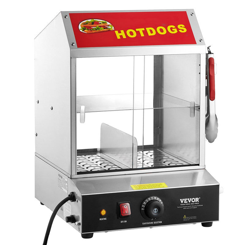 VEVOR Komerciālais Hotdogu Tvaicētājs - 2 līmeņu elektriska maizīšu sildītava, 27L, bīdāmās durvis