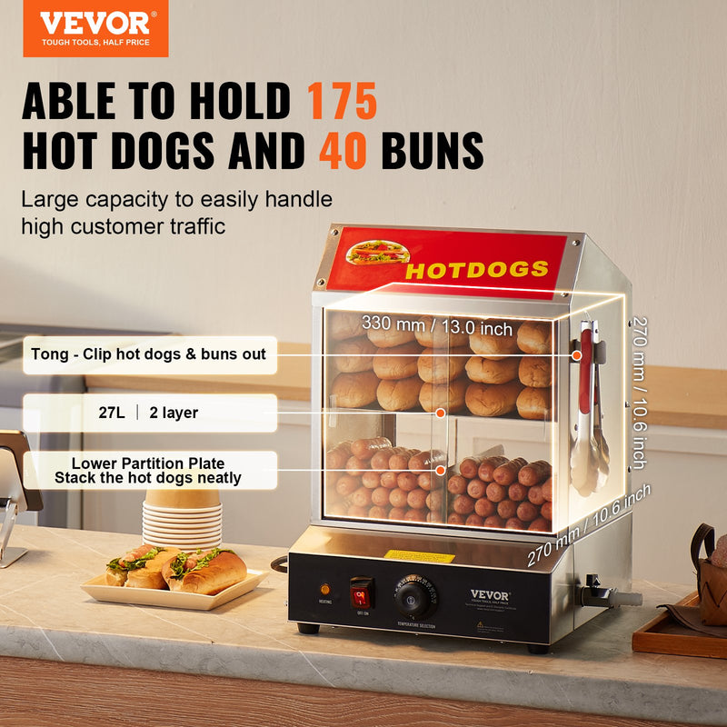 VEVOR Komerciālais Hotdogu Tvaicētājs - 2 līmeņu elektriska maizīšu sildītava, 27L, bīdāmās durvis