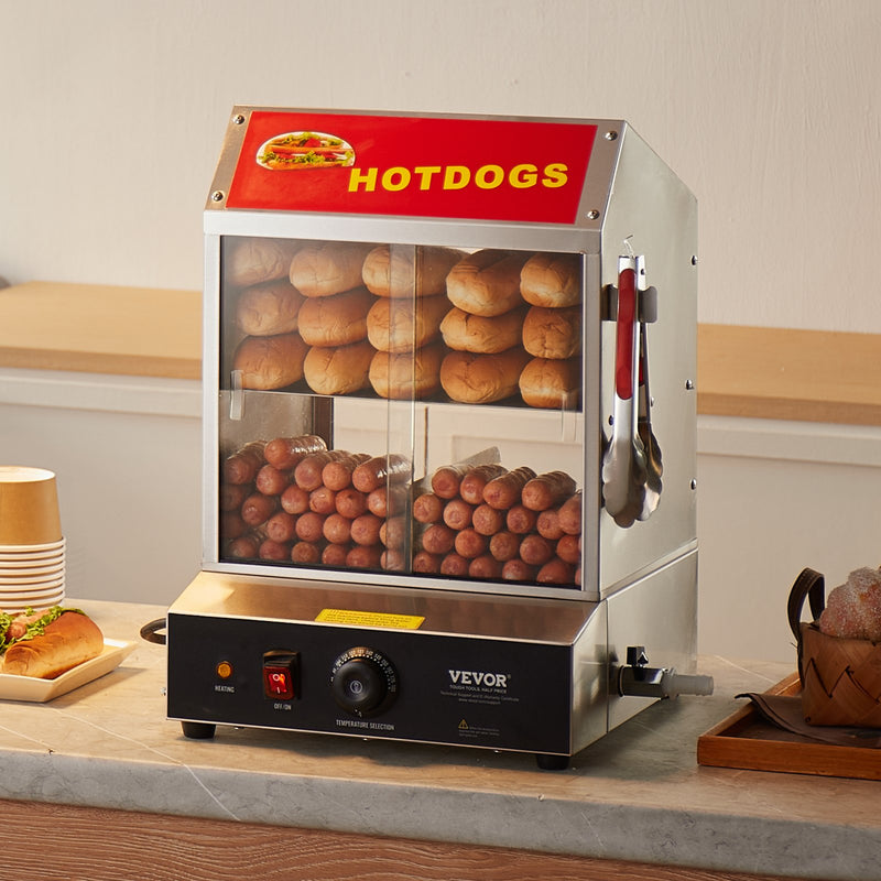 VEVOR Komerciālais Hotdogu Tvaicētājs - 2 līmeņu elektriska maizīšu sildītava, 27L, bīdāmās durvis