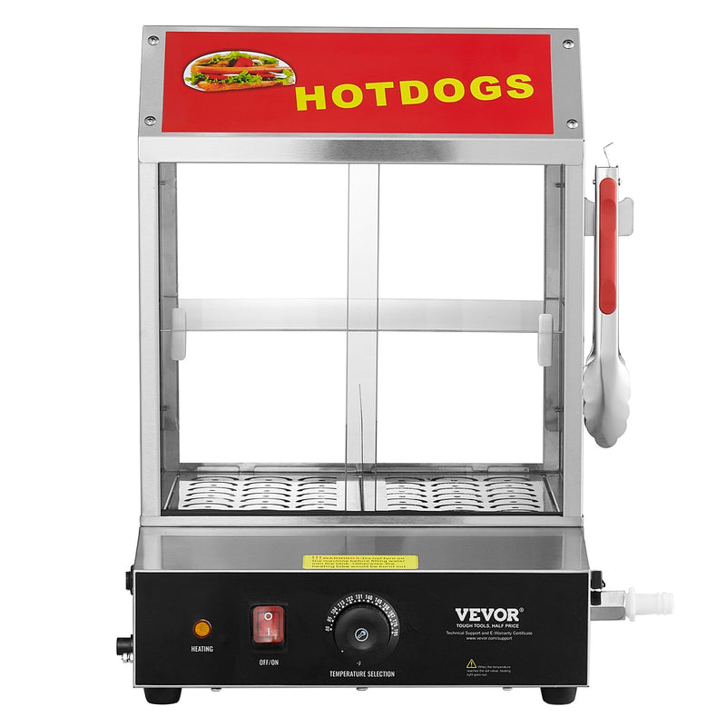 VEVOR Komerciālais Hotdogu Tvaicētājs - 2 līmeņu elektriska maizīšu sildītava, 27L, bīdāmās durvis