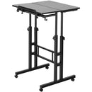 VEVOR pārvietojams stāvgalds, 67-114 cm gāzes atsperes augstuma regulēšana, 360° grozāmi riteņi (4 fiksējami), 0-45° noliekams virsmas leņķis, 2 āķi, 18 kg kravnesība