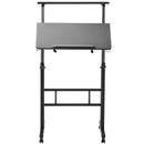 VEVOR pārvietojams stāvgalds, 67-114 cm gāzes atsperes augstuma regulēšana, 360° grozāmi riteņi (4 fiksējami), 0-45° noliekams virsmas leņķis, 2 āķi, 18 kg kravnesība