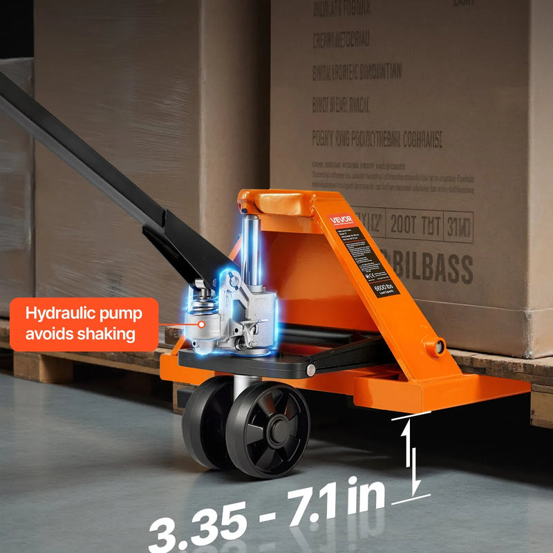 Rokas palešu rati, 3 t kravnesība, ar 122 × 68,6 cm dakšām materiālu pārvietošanai, dakšu pacelšanas augstuma diapazons 85–180 mm, piemēroti noliktavām, lielveikaliem un ražošanai