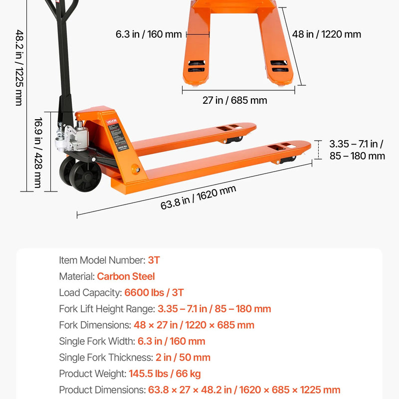 Rokas palešu rati, 3 t kravnesība, ar 122 × 68,6 cm dakšām materiālu pārvietošanai, dakšu pacelšanas augstuma diapazons 85–180 mm, piemēroti noliktavām, lielveikaliem un ražošanai