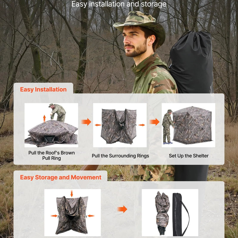 Medību slēpnis 6–7 personām ar pārnēsājamo somu, portatīva maskēšanās telts, pastiprināts izturīgs slēpnis ar kluso rāvējslēdzēja durvju un logu dizainu, piemērots briežu un tītaru medībām