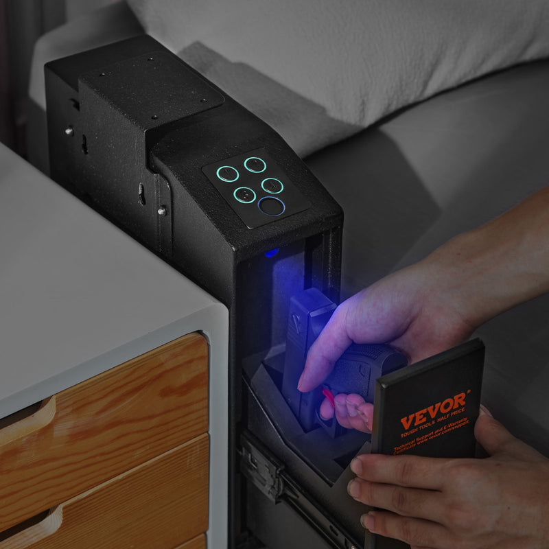 VEVOR sienas stiprināms pistoles seifs - biometriskais seifs ar trīs ātras piekļuves veidiem: pirkstu nospiedumiem, paroli un atslēgām, paredzēts 1 pistolei - lietošanai mājās, pie gultas, uz naktsgaldiņa vai sienas