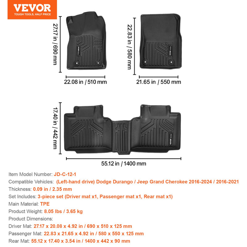 VEVOR automašīnas grīdas paklāji Dodge Durango / Jeep Grand Cherokee (2016–2024), 3 gab.