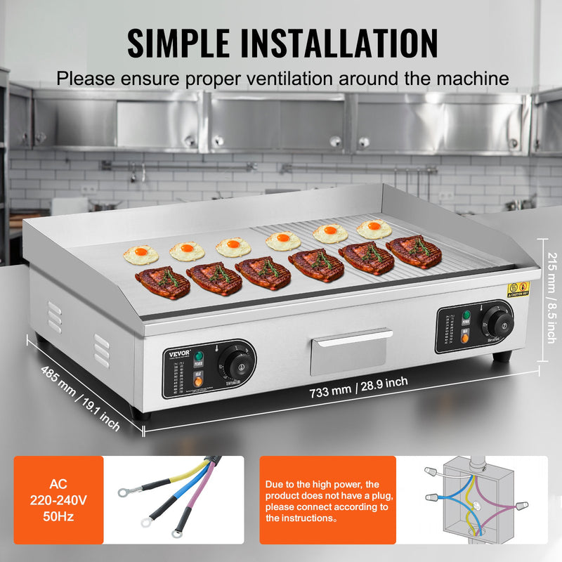 VEVOR komerciālais elektriskais grils 4400 W, galda virsmas, pusplakanais grils, 50 °C–300 °C