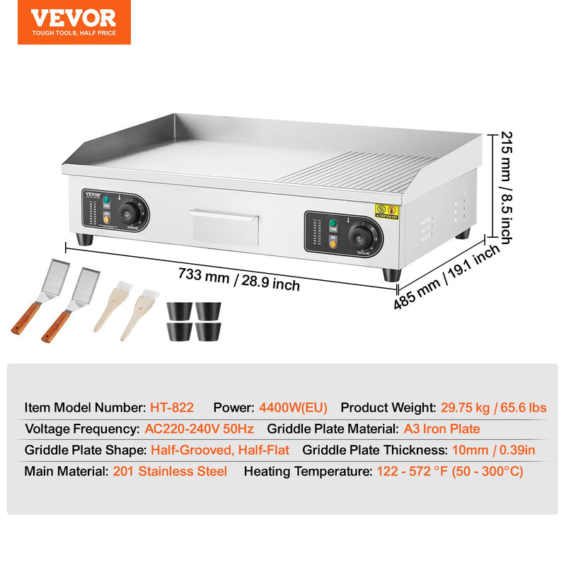 VEVOR komerciālais elektriskais grils 4400 W, galda virsmas, pusplakanais grils, 50 °C–300 °C