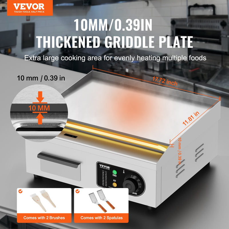 VEVOR komerciālā elektriskā grils 2800 W, galda virsmas, plakana virsma, 50 °C-300 °C