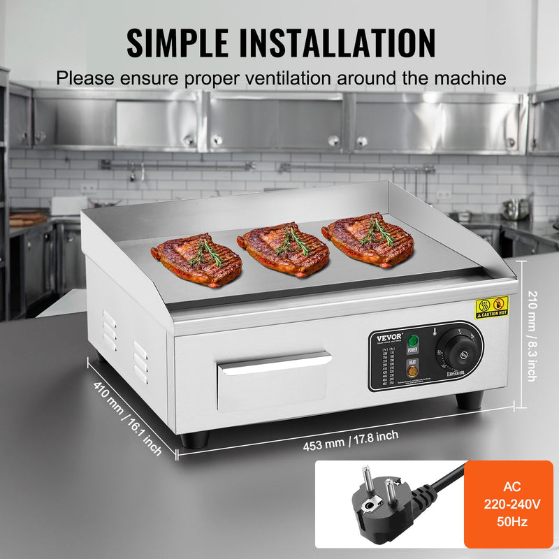 VEVOR komerciālā elektriskā grils 2800 W, galda virsmas, plakana virsma, 50 °C-300 °C