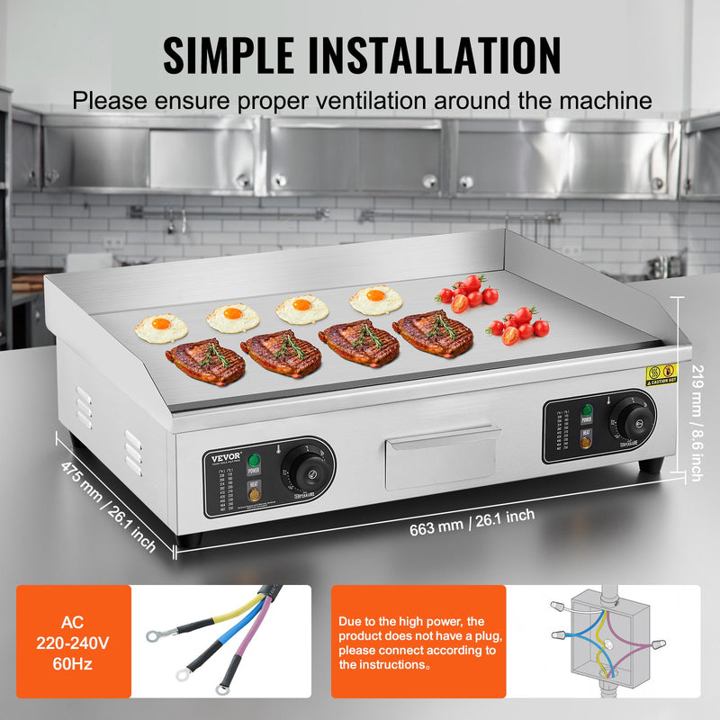 VEVOR komerciālā elektriskā grils 4000 W, galda virsmas, plakana virsma, 50 °C-300 °C