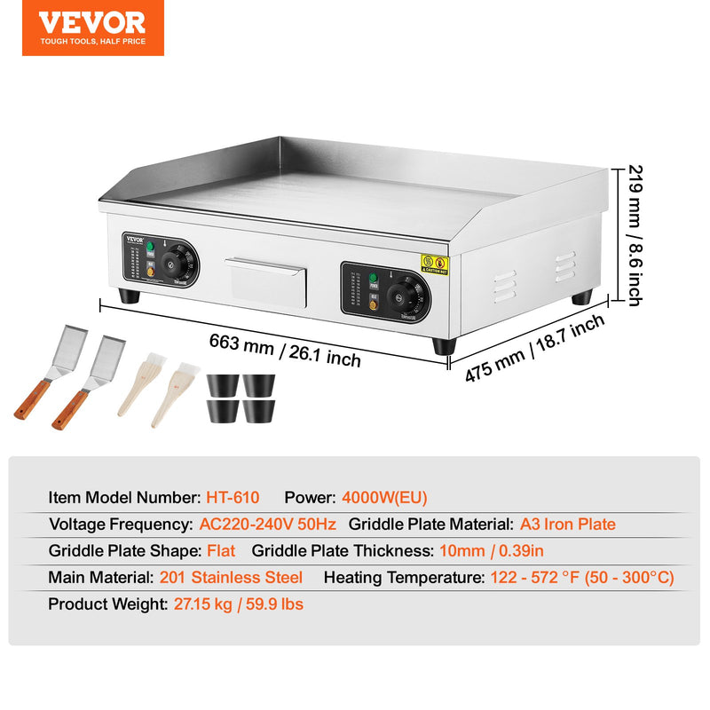 VEVOR komerciālā elektriskā grils 4000 W, galda virsmas, plakana virsma, 50 °C-300 °C